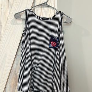 Navy and white striped tank with floral pocket